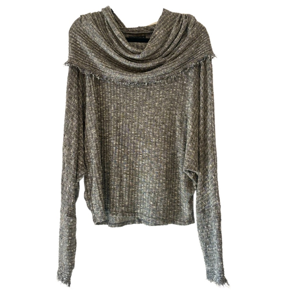 Michael Lauren Slouchy cowl neck sweater in grey cotton blend with frayed hems!